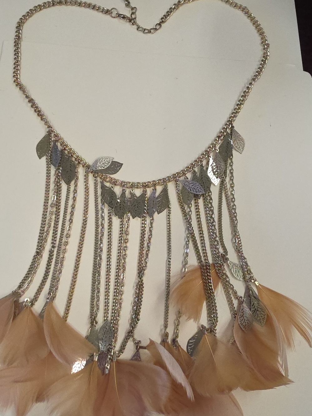 Feather Fringe Statement Necklace - Silver Chain with Beige Feathers